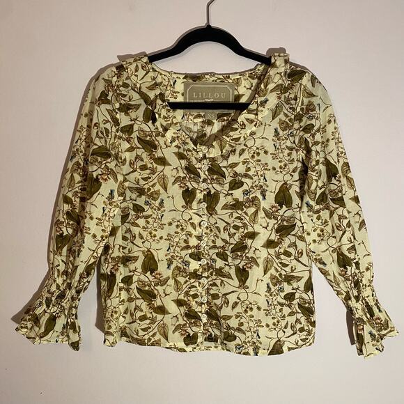 Lillou Women's size XS Golden Vines Floral Cotton Button Up Feminine Blouse Top - Picture 1 of 8